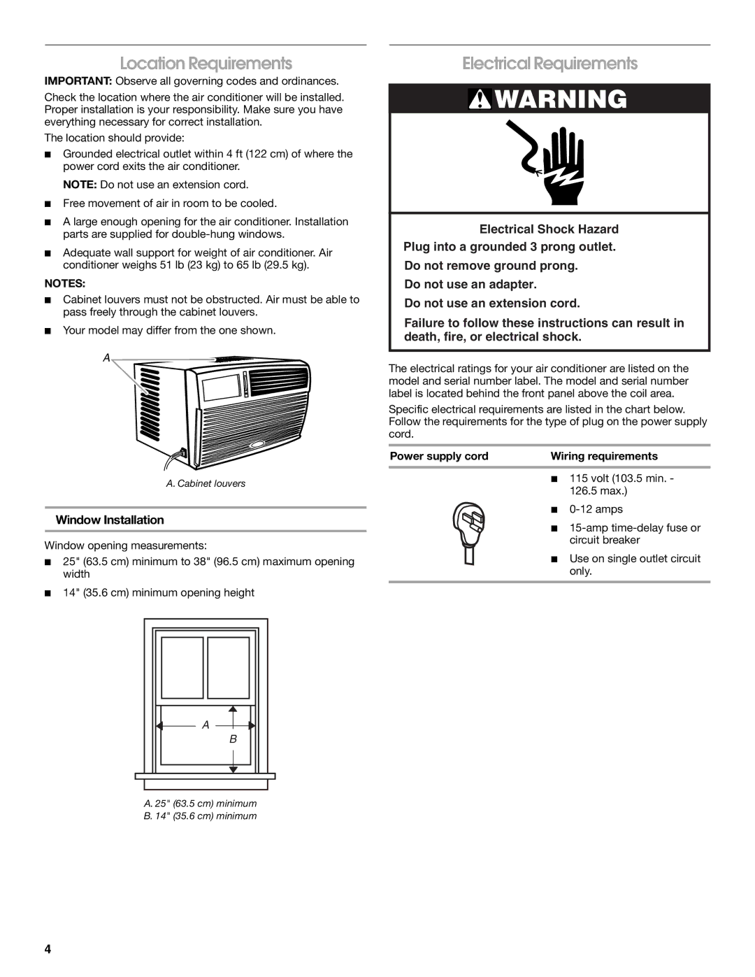 Frigidaire 66121330 manual Location Requirements, Electrical Requirements, Window Installation 