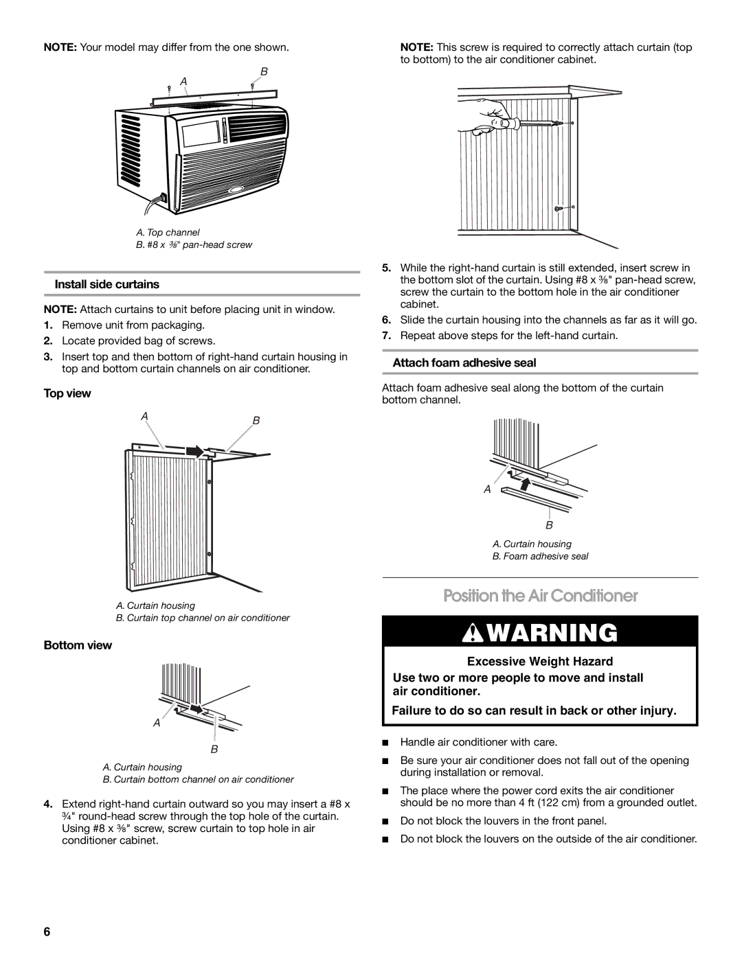 Frigidaire 66121330 Position the Air Conditioner, Install side curtains, Top view, Bottom view, Attach foam adhesive seal 