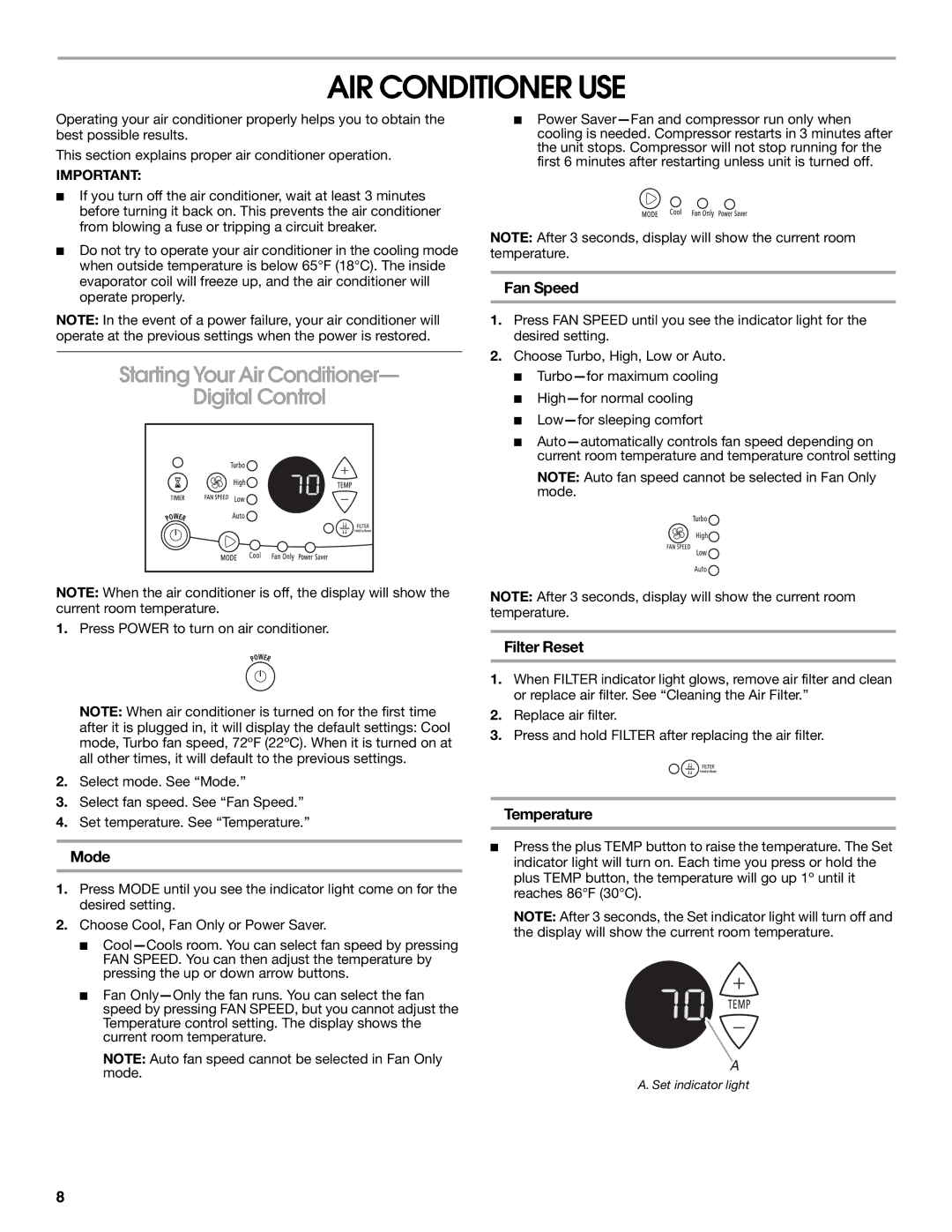 Frigidaire 66121330 manual AIR Conditioner USE, Starting Your Air Conditioner Digital Control 