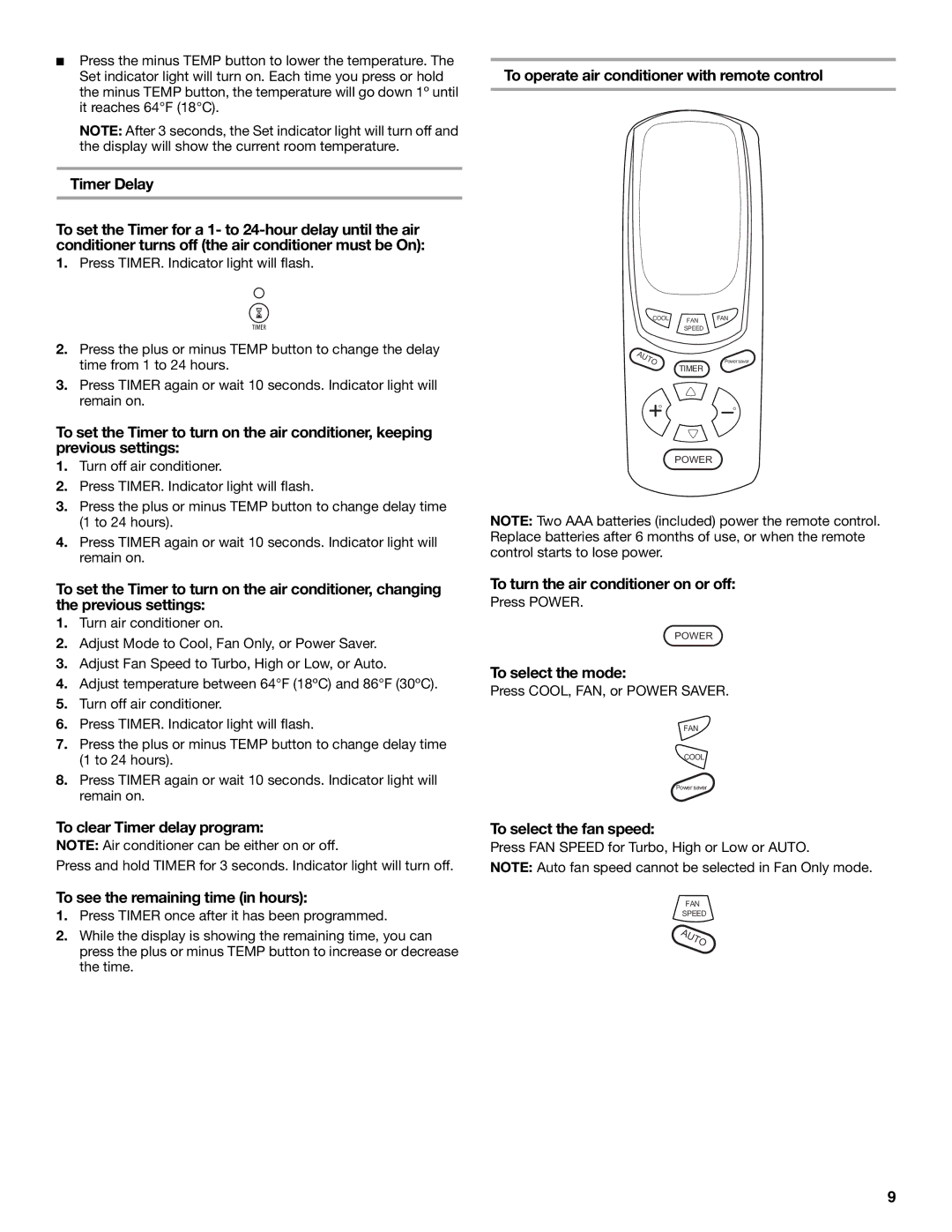 Frigidaire 66121330 Timer Delay, To operate air conditioner with remote control, To turn the air conditioner on or off 