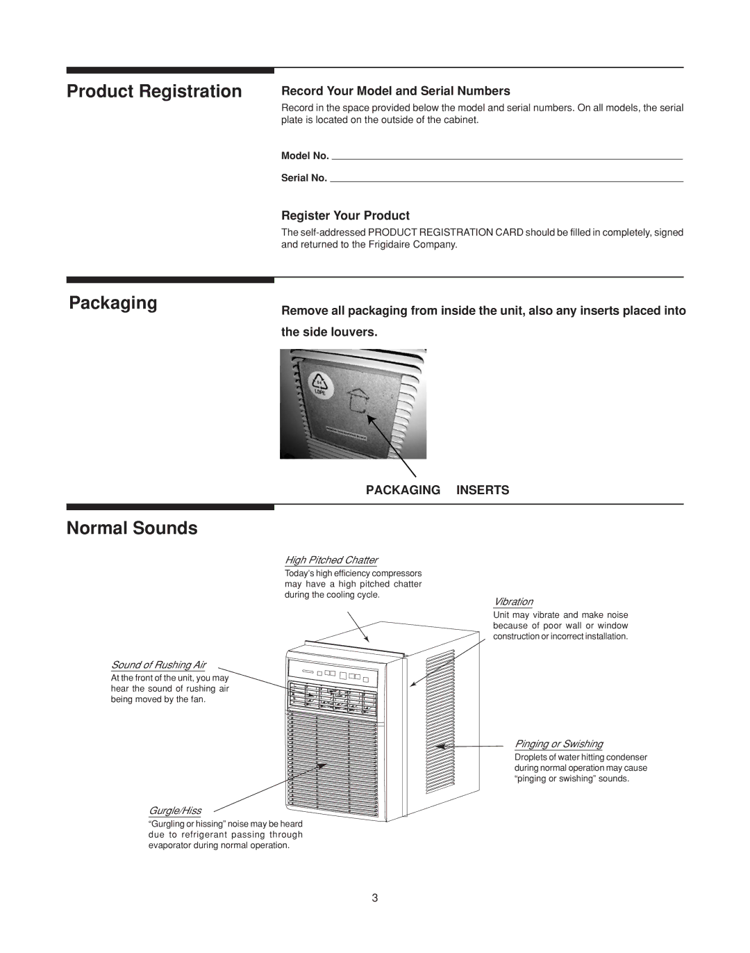 Frigidaire 66121613 warranty Product Registration Packaging Normal Sounds, Record Your Model and Serial Numbers 