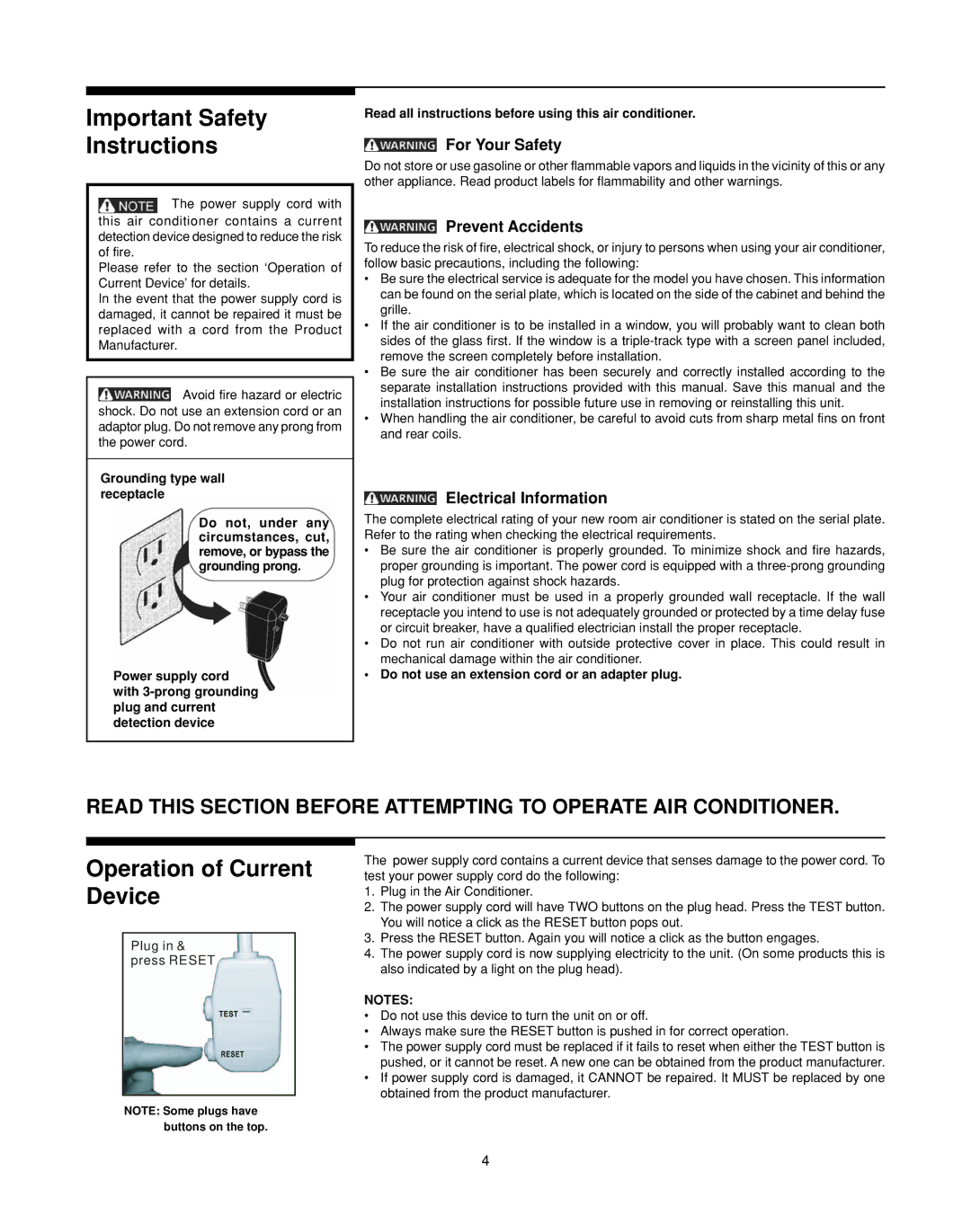 Frigidaire 66121613 warranty Important Safety Instructions, Operation of Current Device 