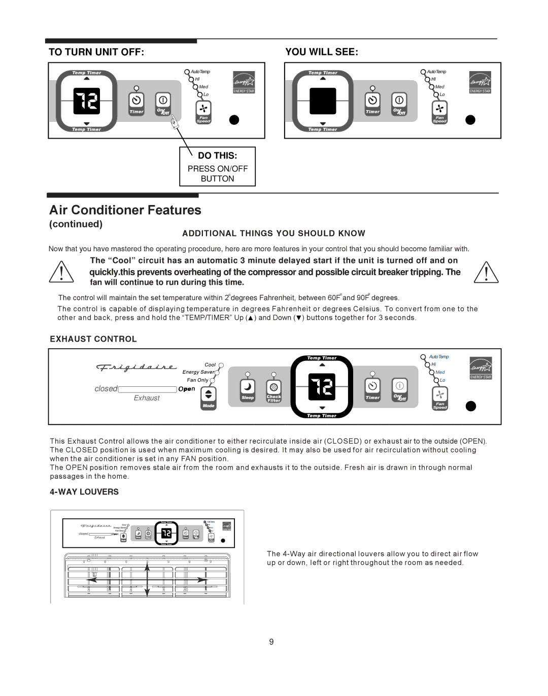 Frigidaire 66121613 warranty Air Conditioner Features 