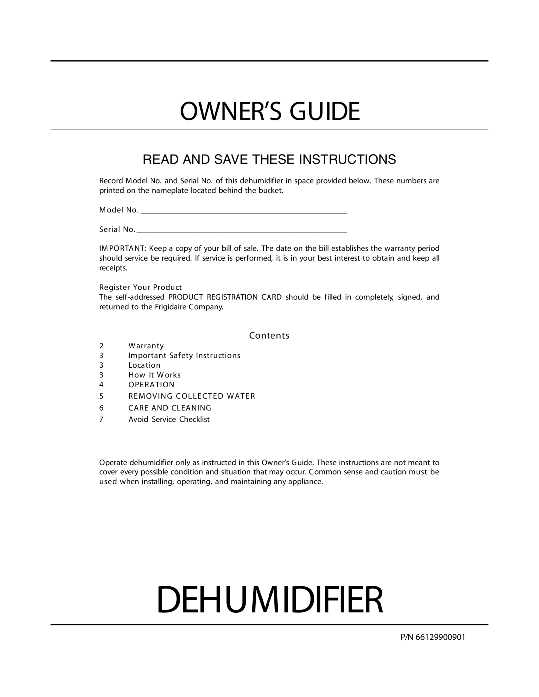 Frigidaire 66129900901 warranty OWNER’S Guide, Contents 