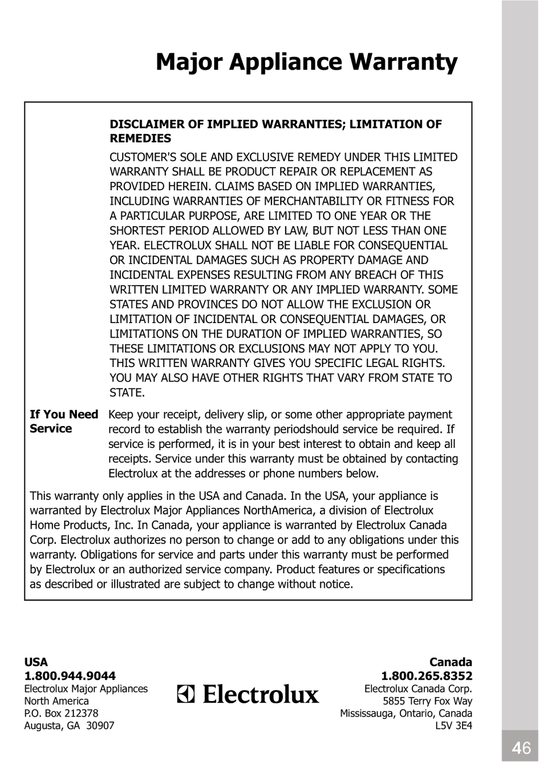 Frigidaire 66129904886 manual Disclaimer of Implied Warranties Limitation Remedies 