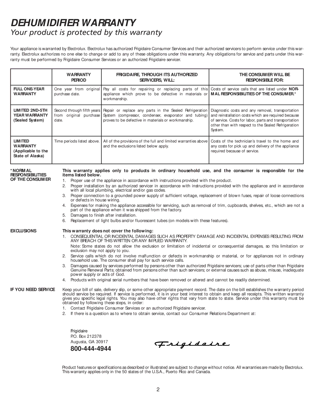 Frigidaire 66166045 warranty Dehumidifier Warranty 