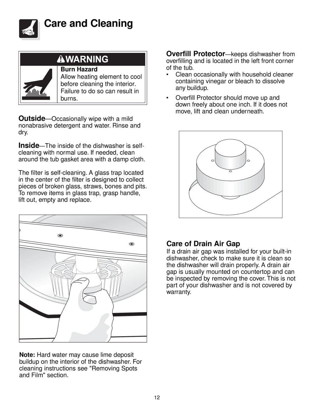 Frigidaire 700 Series warranty Care and Cleaning, Care of Drain Air Gap 