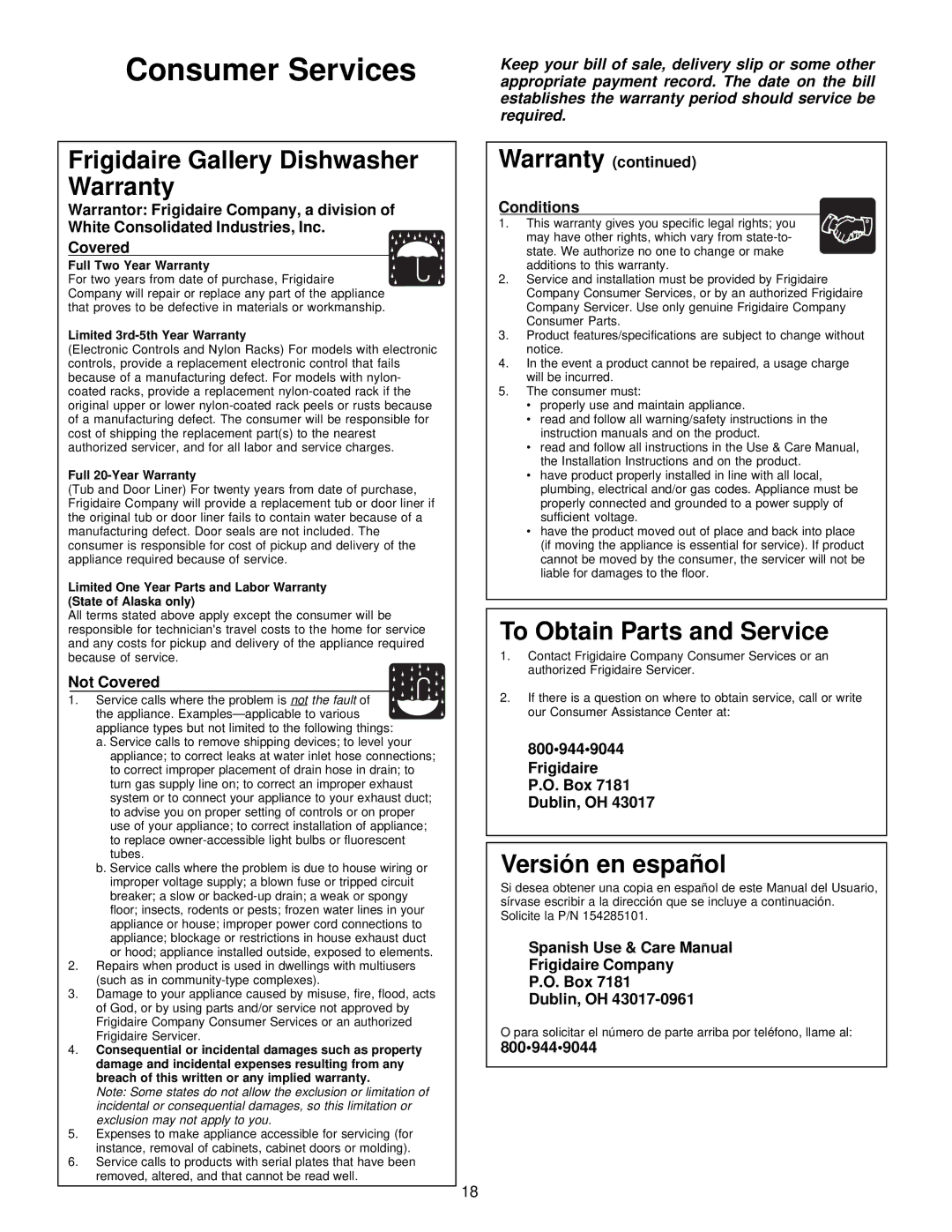 Frigidaire 700 Series warranty Consumer Services, Frigidaire Gallery Dishwasher Warranty 