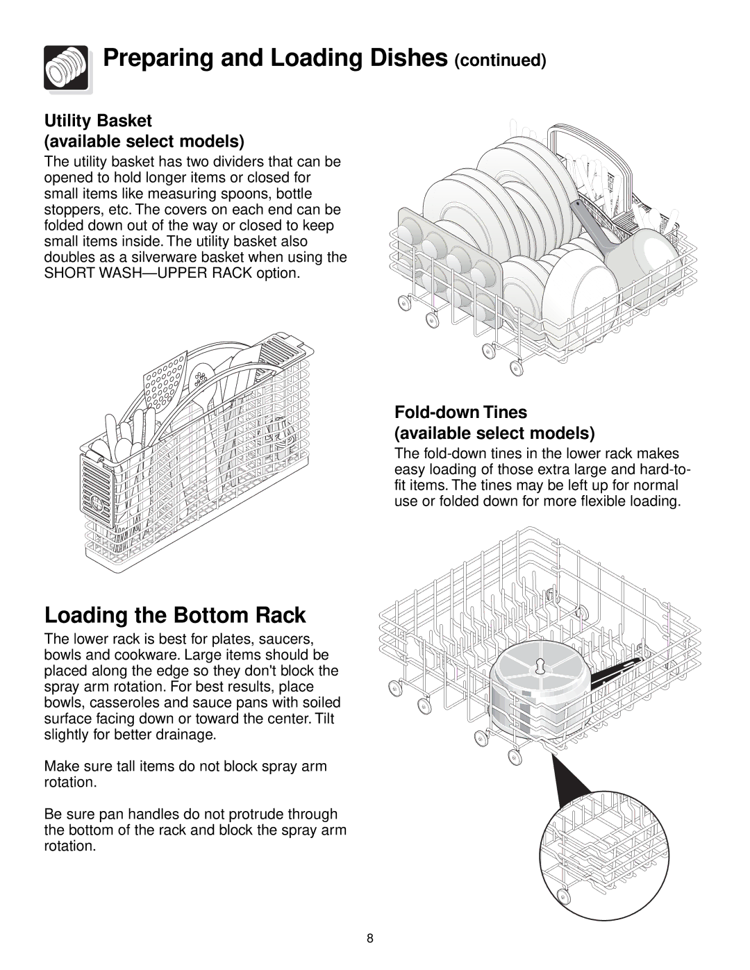 Frigidaire 700 Series warranty Loading the Bottom Rack, Utility Basket Available select models 