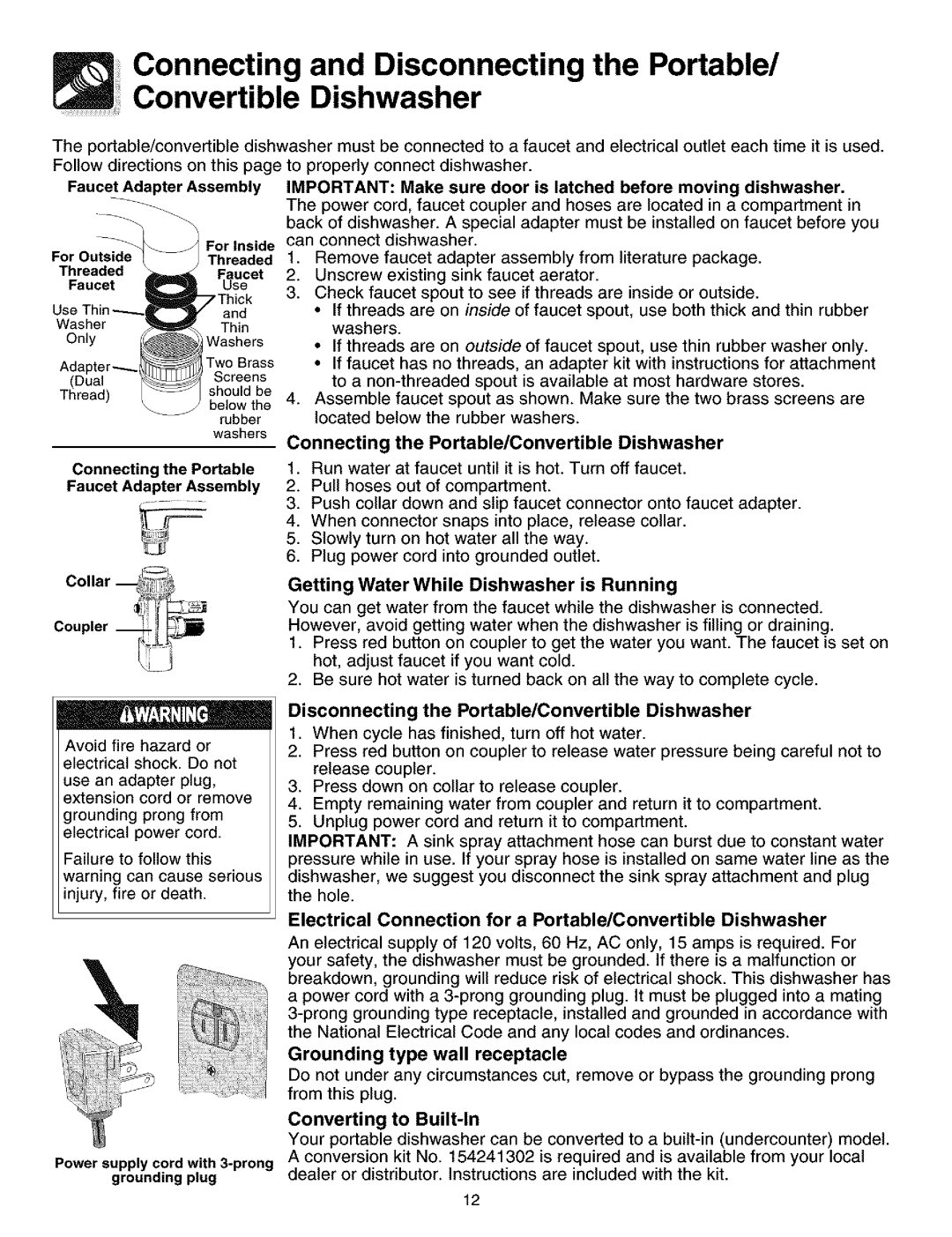 Frigidaire 700 Series manual Electrical Connection for a PortablelConvertible Dishwasher, Sure 