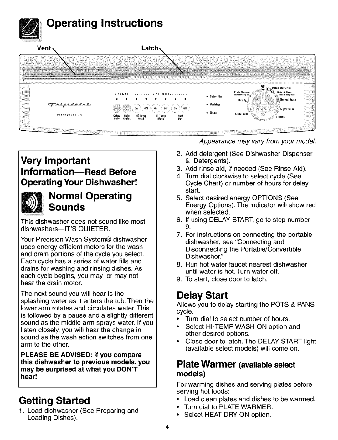 Frigidaire 700 Series manual Operating Instructions, NormalOperating Sounds, Getting Started, Plate Warmer availableselect 