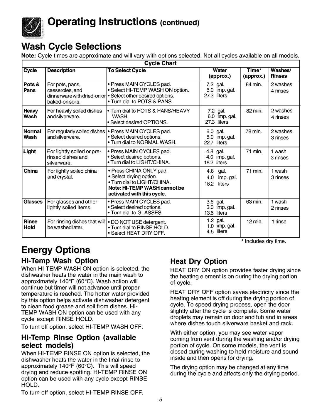 Frigidaire 700 Series manual Wash Cycle Selections, Energy Options, Hi-Temp Wash Option, Heat Dry Option 