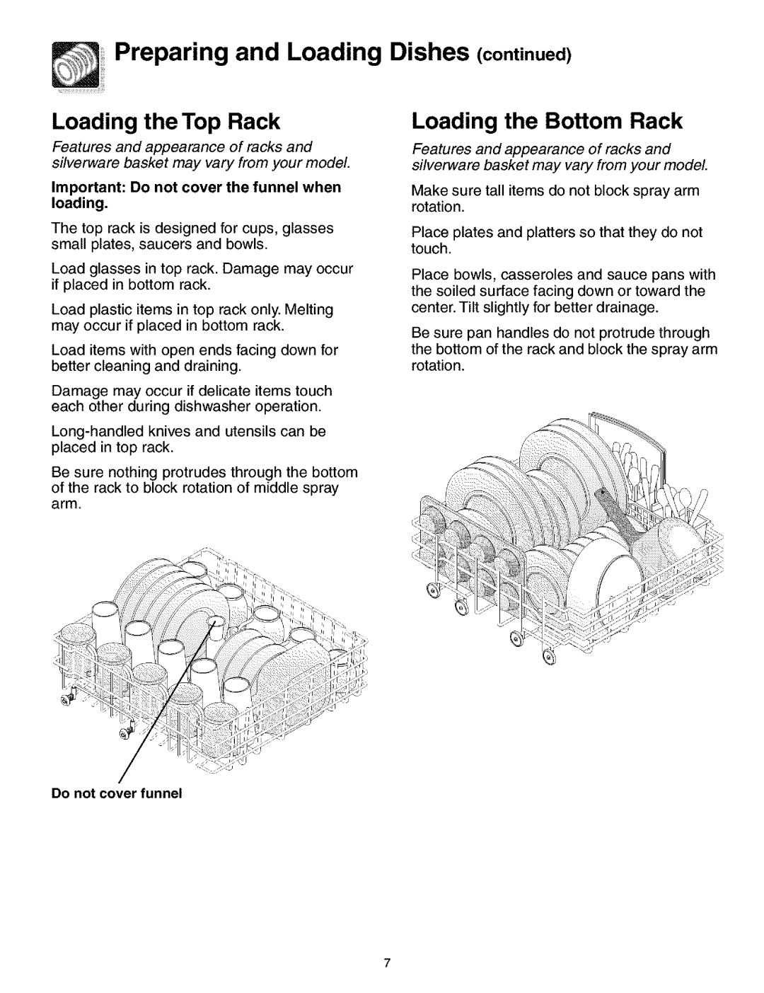Frigidaire 700 Series manual Preparing and Loading Dishes, Loading the Top Rack, Loading the Bottom Rack 
