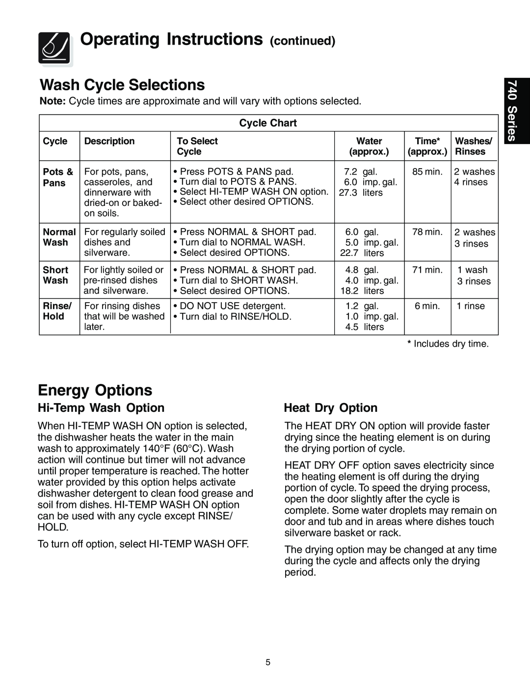 Frigidaire 750, 740 warranty Wash Cycle Selections, Energy Options, Series, Operating Instructions continued, Cycle Chart 