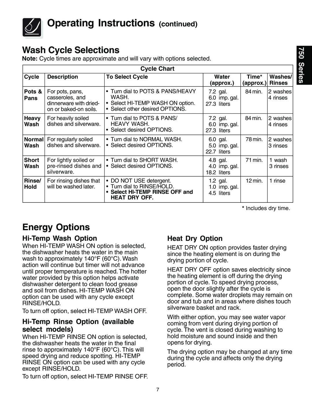 Frigidaire 750, 740 warranty Series, Operating Instructions continued, Wash Cycle Selections, Energy Options, Cycle Chart 