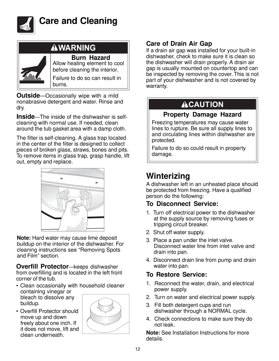 Frigidaire 740 Series, 750 Series warranty Care and Cleaning, Winterizing 