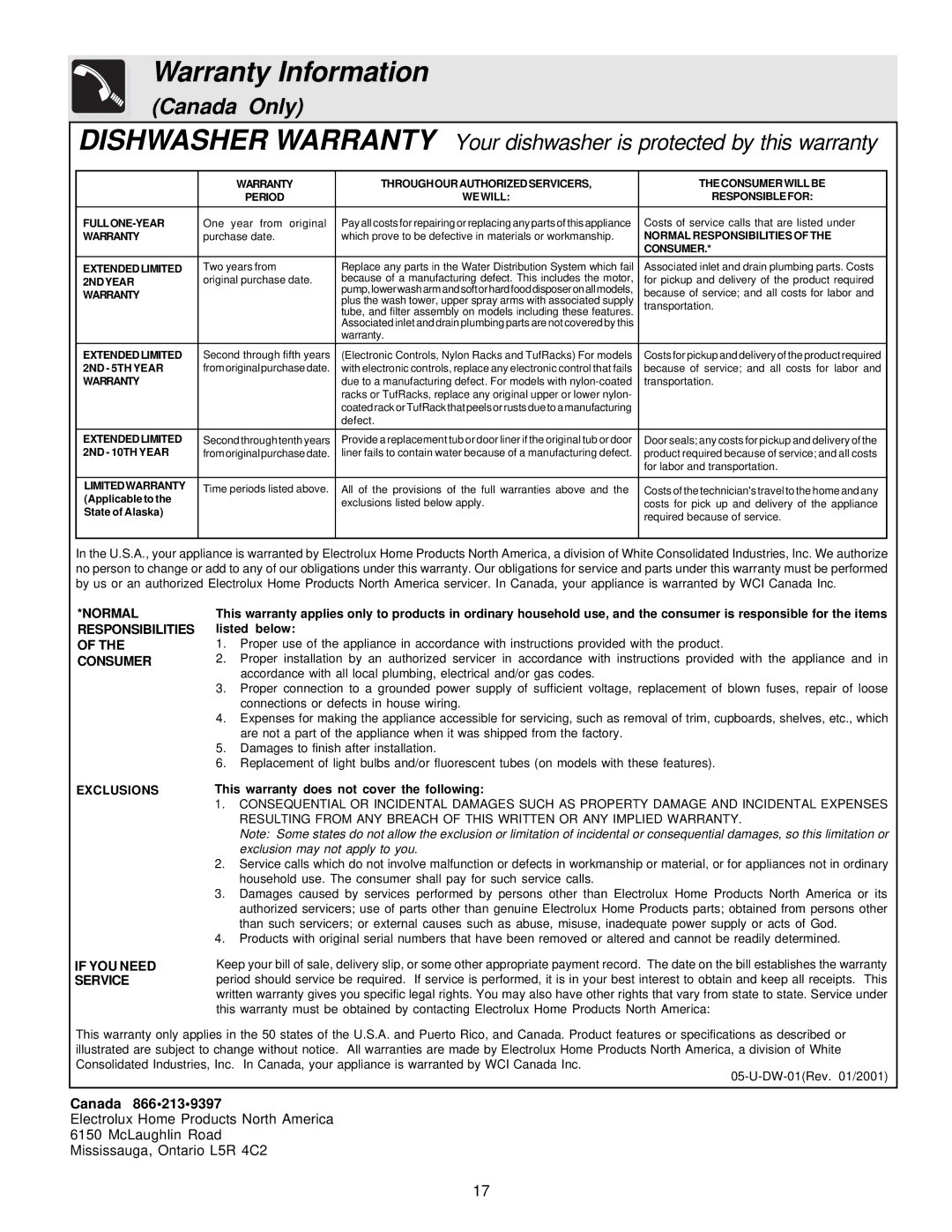 Frigidaire 750 Series, 740 Series warranty Warranty Information 