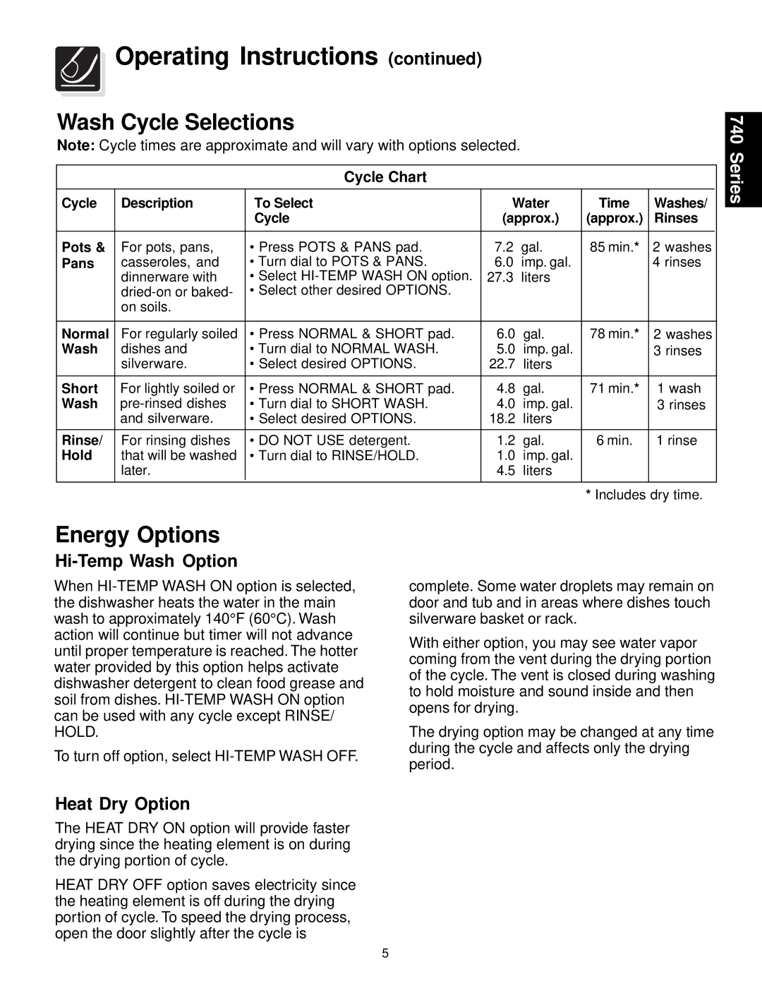 Frigidaire 750 Series, 740 Series warranty Wash Cycle Selections, Energy Options, Hi-Temp Wash Option, Heat Dry Option 