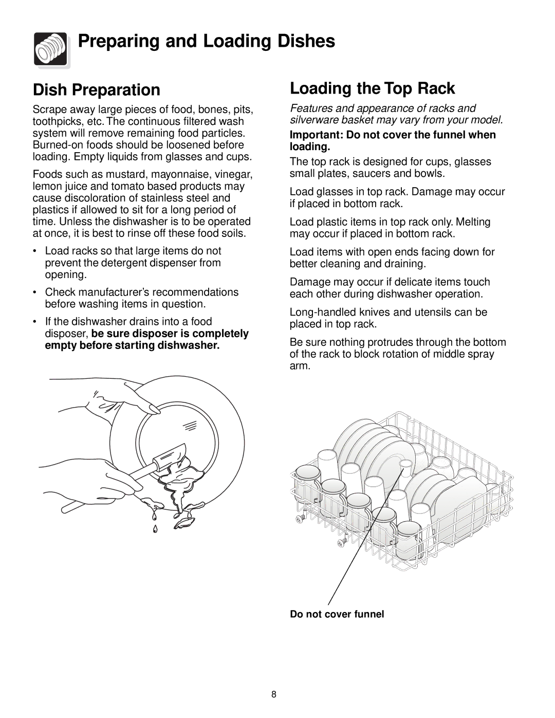 Frigidaire 740 Series, 750 Series warranty Preparing and Loading Dishes, Dish Preparation, Loading the Top Rack 