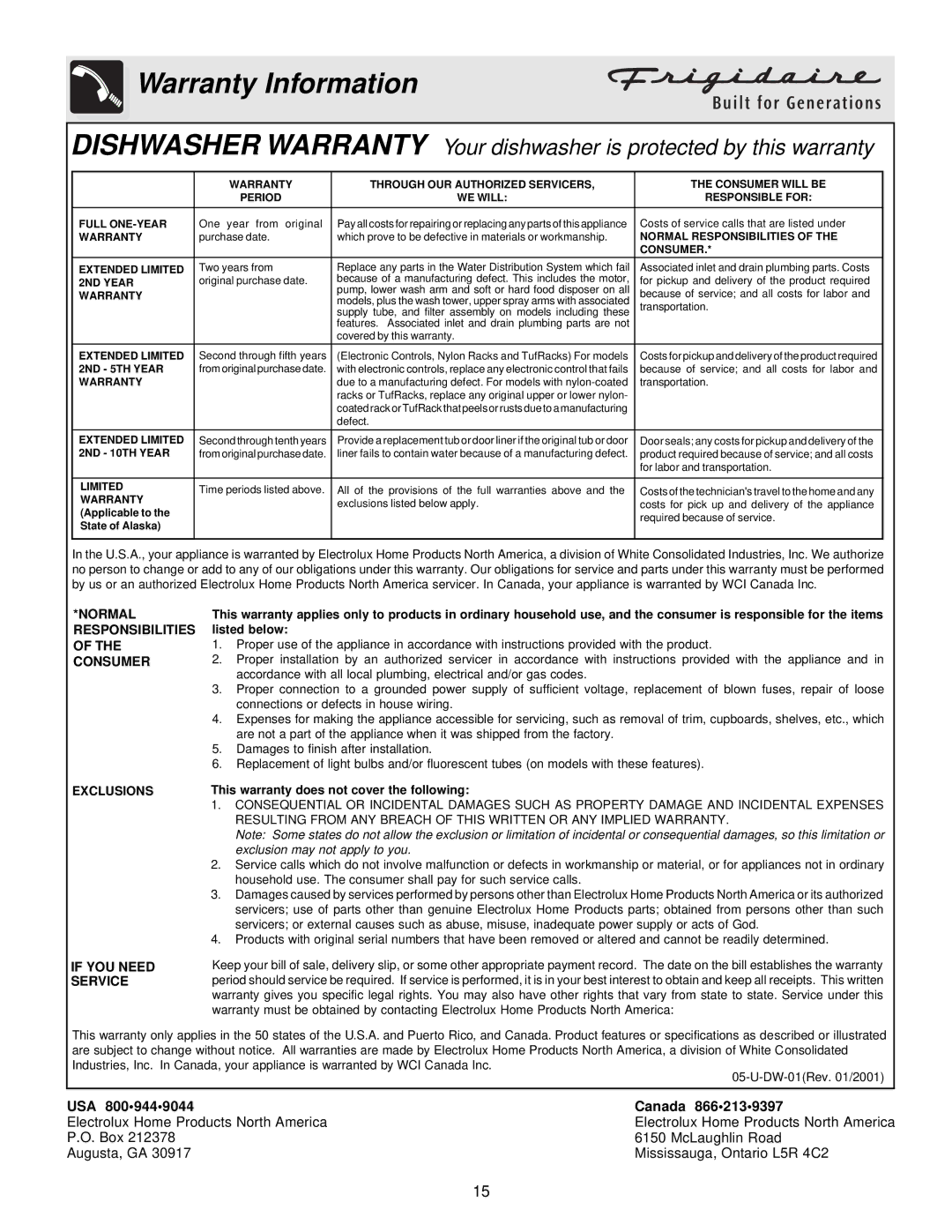 Frigidaire 800 warranty Warranty Information 