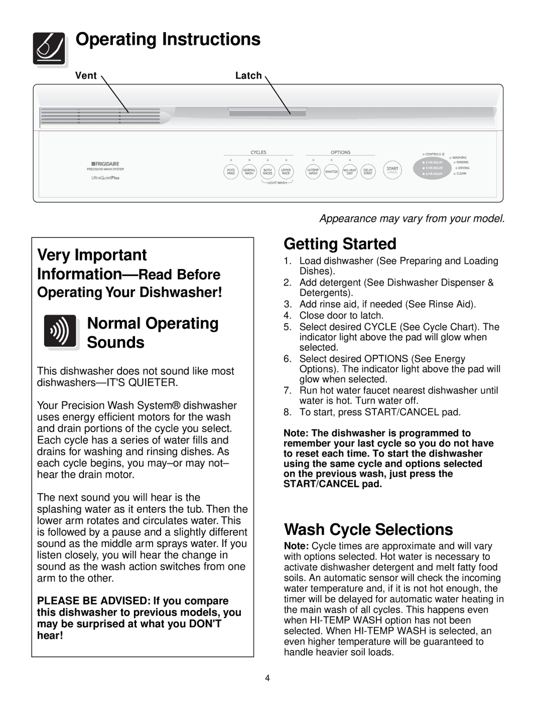 Frigidaire 800 warranty Operating Instructions, Normal Operating Sounds, Getting Started, Wash Cycle Selections 