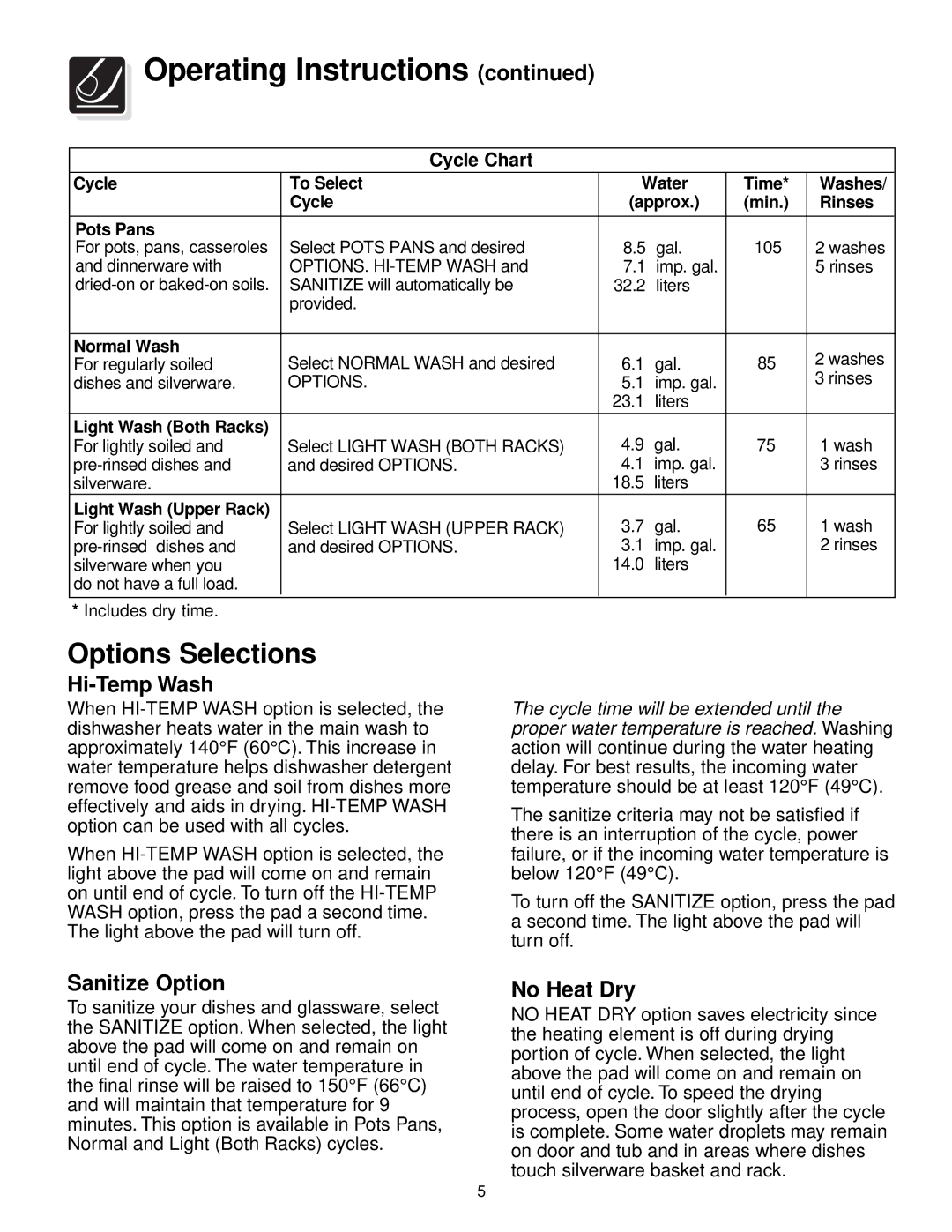 Frigidaire 800 warranty Options Selections, Hi-Temp Wash, Sanitize Option, No Heat Dry 