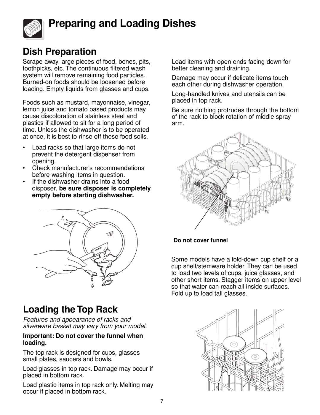 Frigidaire 800 warranty Preparing and Loading Dishes, Dish Preparation, Loading the Top Rack 