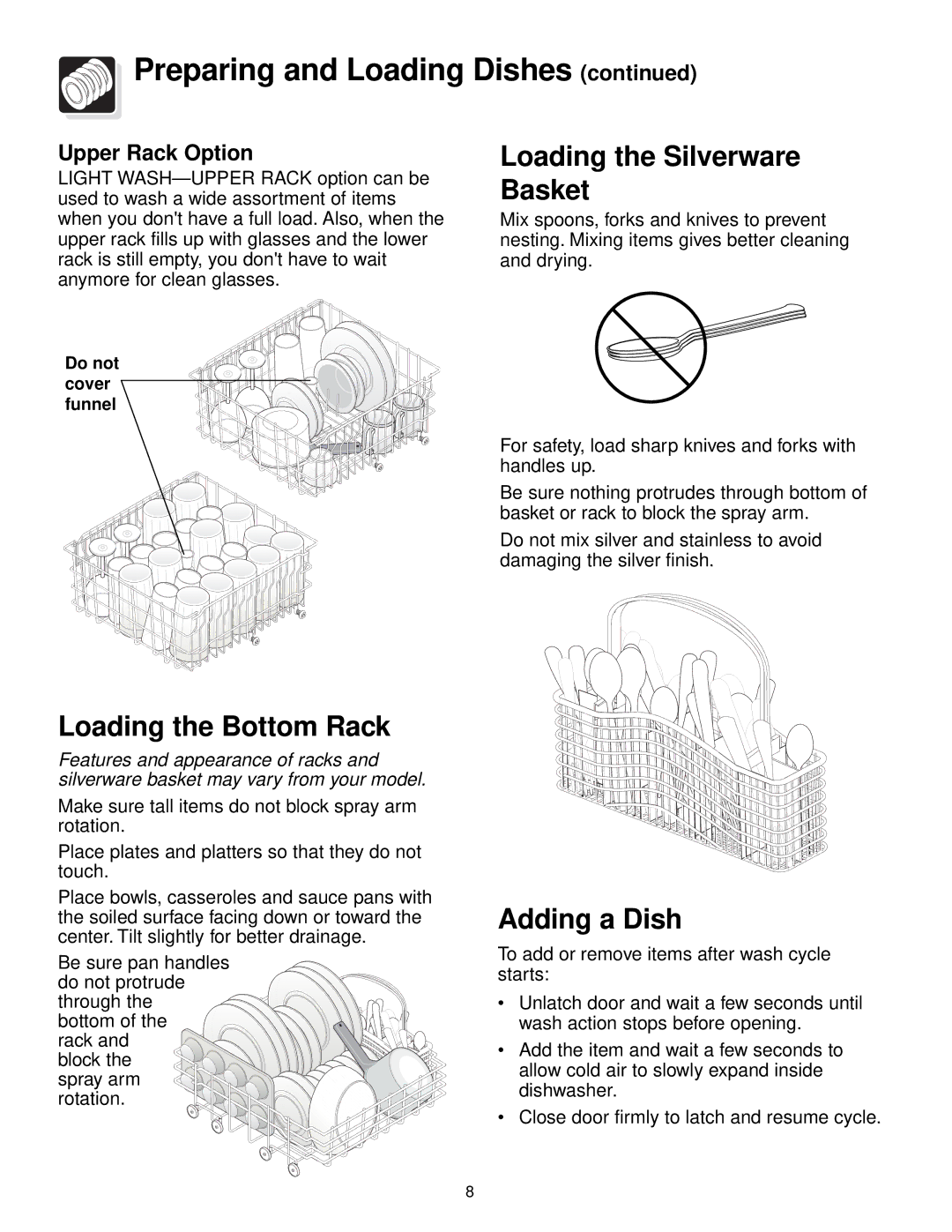 Frigidaire 800 warranty Loading the Silverware Basket, Loading the Bottom Rack, Adding a Dish, Upper Rack Option 