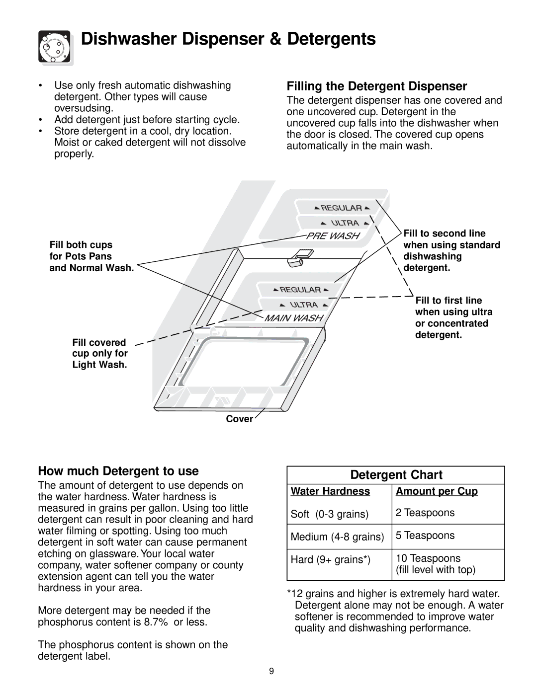 Frigidaire 800 warranty Dishwasher Dispenser & Detergents, Filling the Detergent Dispenser, How much Detergent to use 