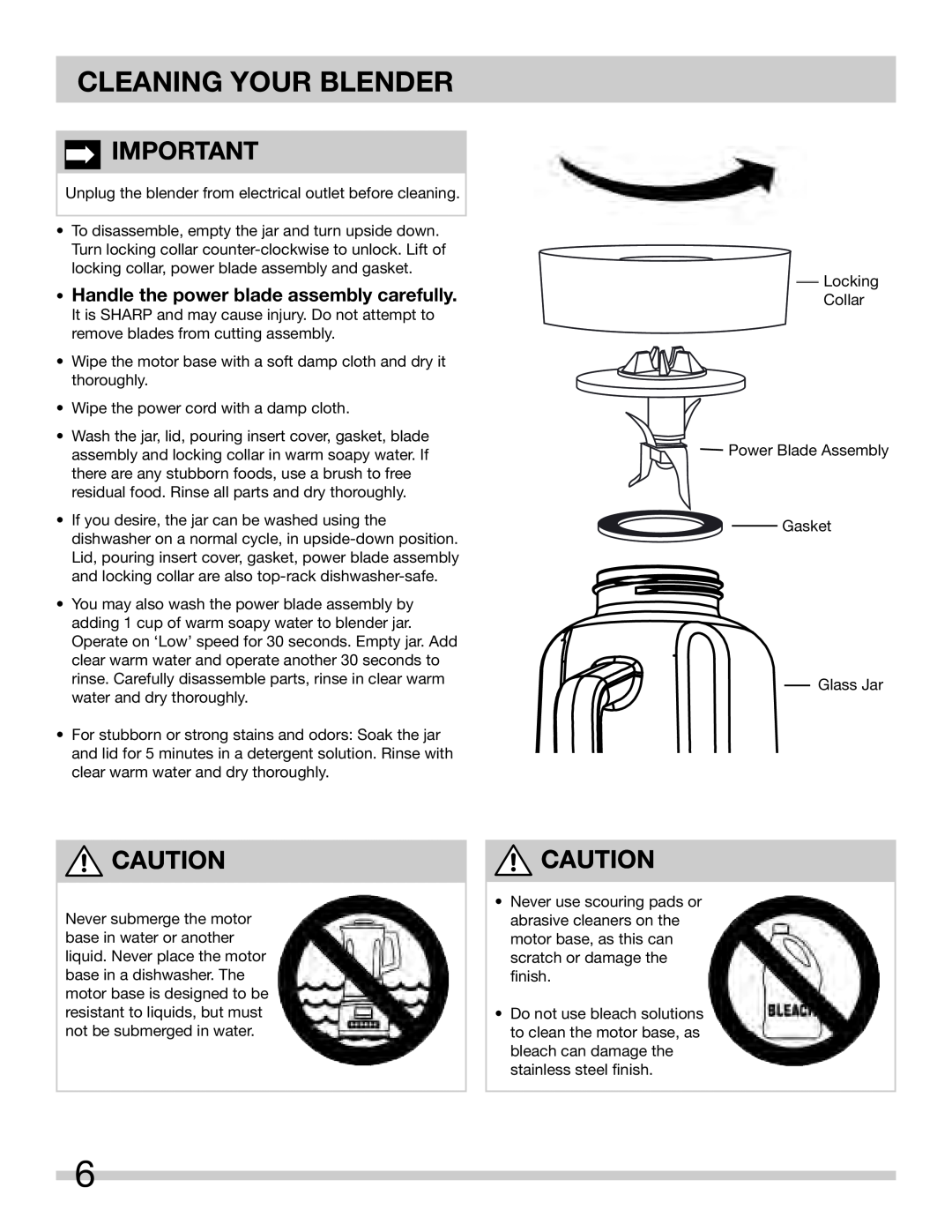 Frigidaire 900253211-UM warranty Cleaning Your Blender, Handle the power blade assembly carefully 
