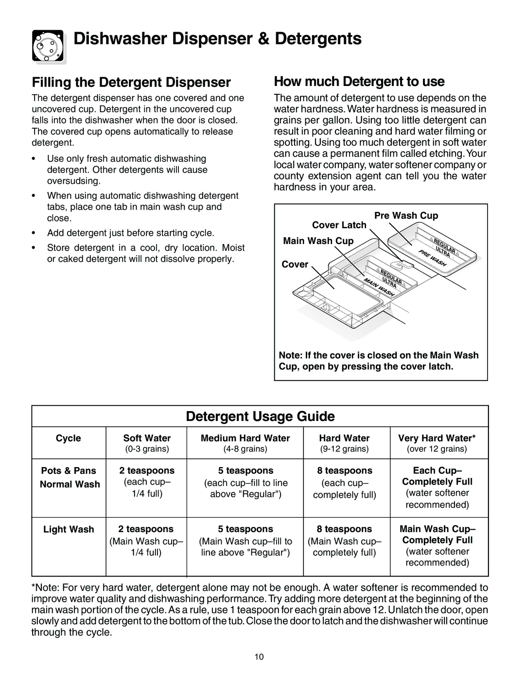 Frigidaire 950 Series warranty Dishwasher Dispenser & Detergents, Filling the Detergent Dispenser 