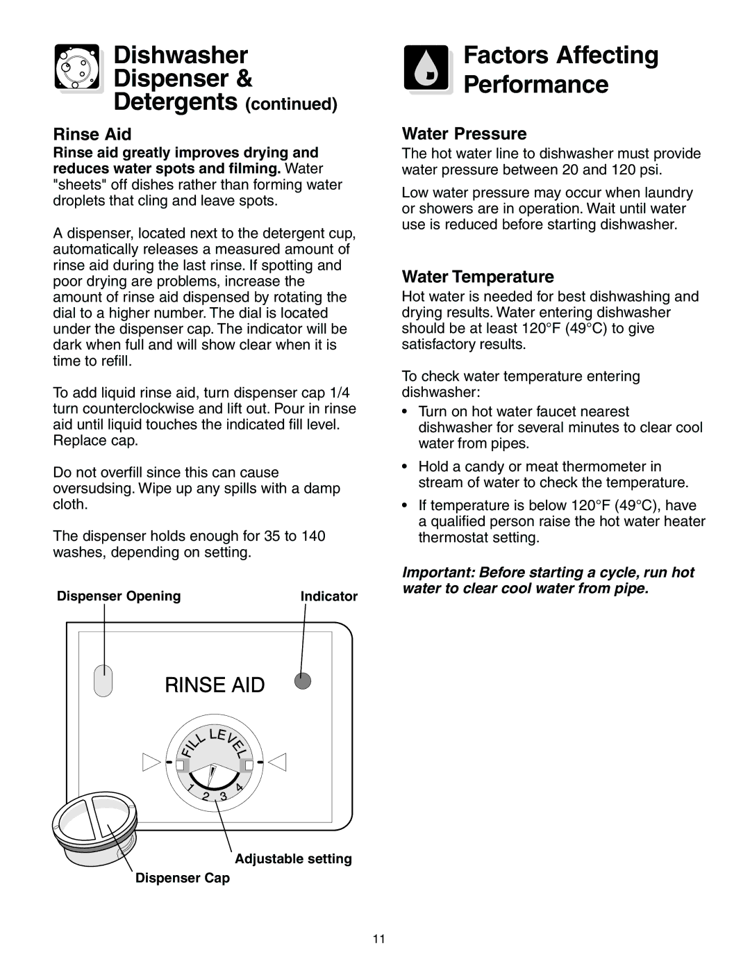 Frigidaire 950 Series warranty Dishwasher Dispenser Detergents, Factors Affecting Performance, Rinse Aid, Water Pressure 