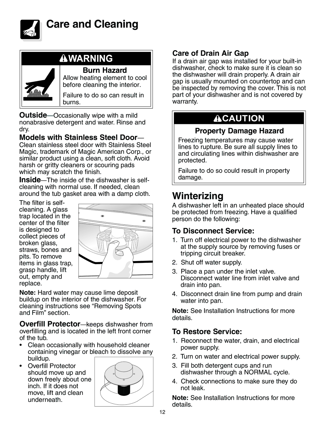 Frigidaire 950 Series warranty Care and Cleaning, Winterizing 