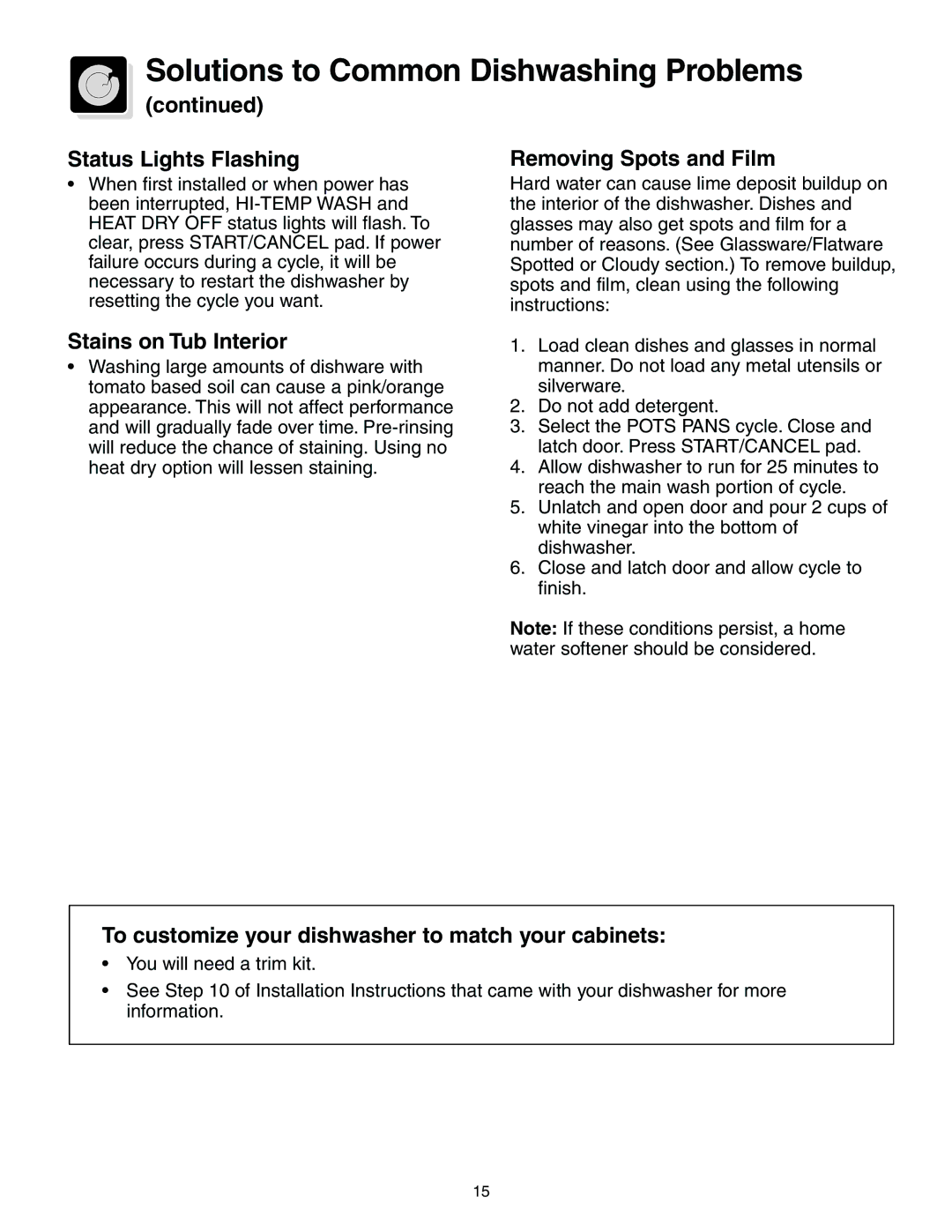 Frigidaire 950 Series warranty Status Lights Flashing, Stains on Tub Interior, Removing Spots and Film 