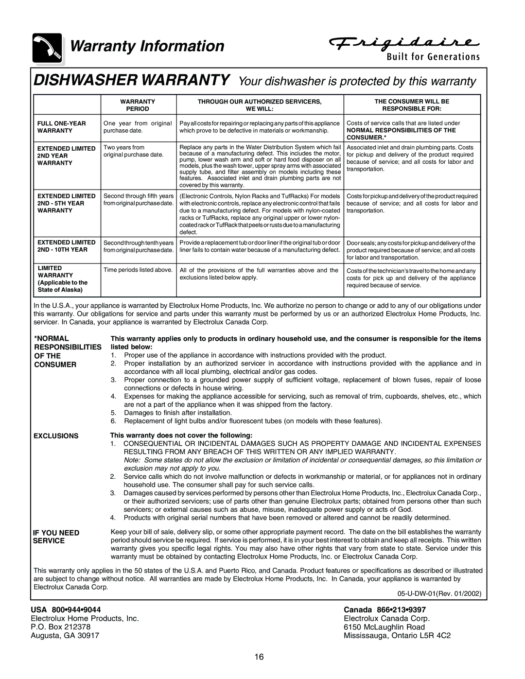 Frigidaire 950 Series warranty Warranty Information 