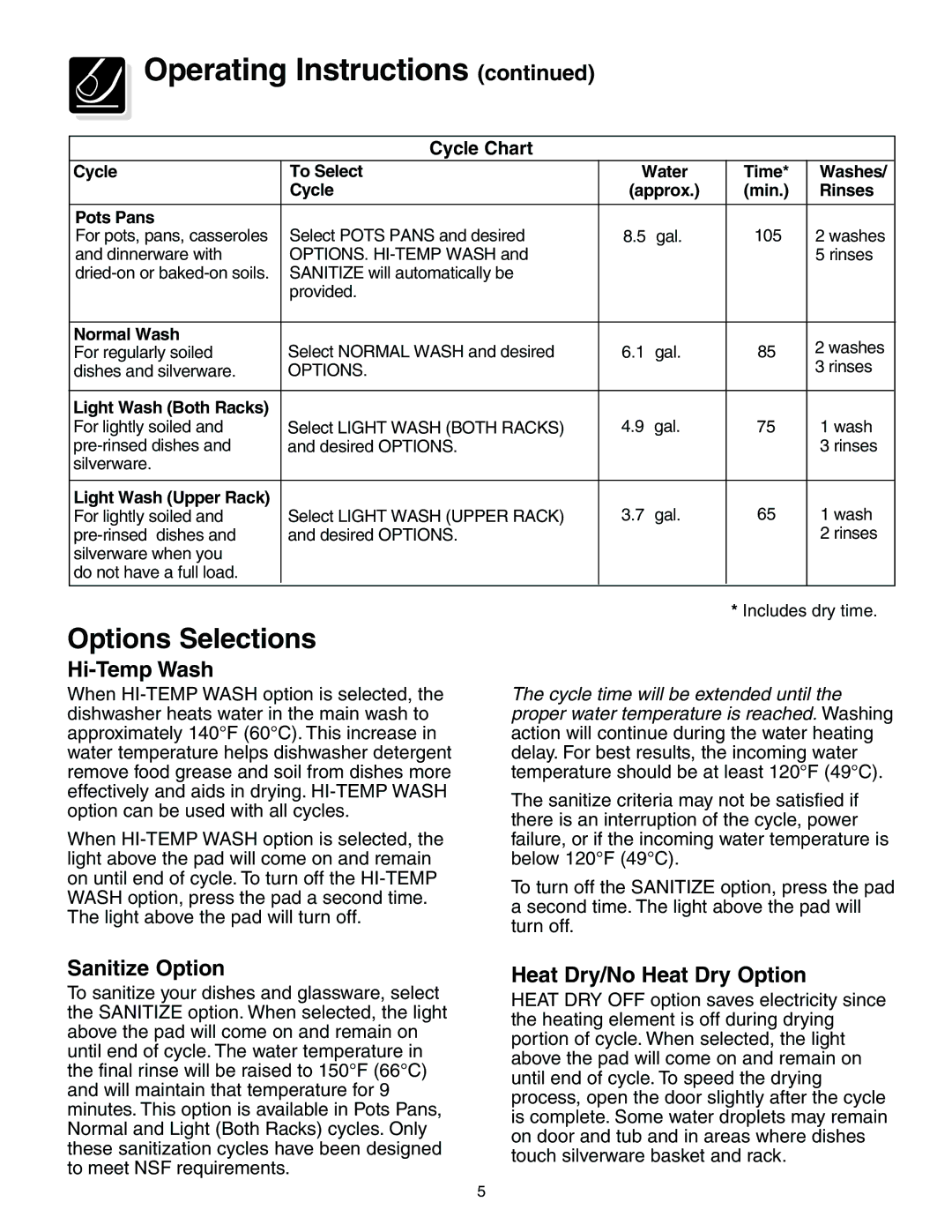 Frigidaire 950 Series warranty Options Selections, Hi-Temp Wash, Sanitize Option, Heat Dry/No Heat Dry Option 