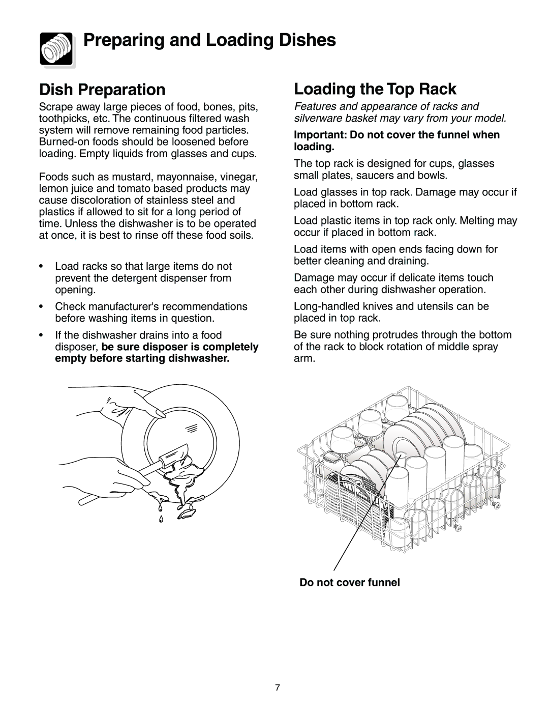 Frigidaire 950 Series warranty Preparing and Loading Dishes, Dish Preparation, Loading the Top Rack 