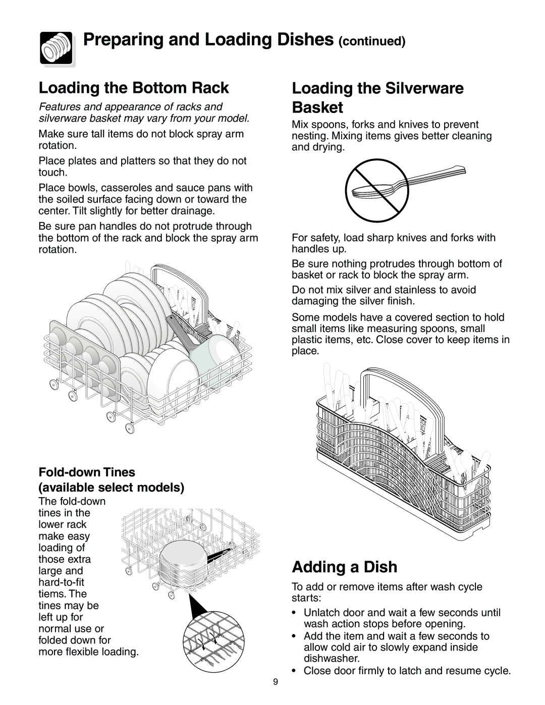 Frigidaire 950 Series warranty Loading the Bottom Rack, Loading the Silverware Basket, Adding a Dish 
