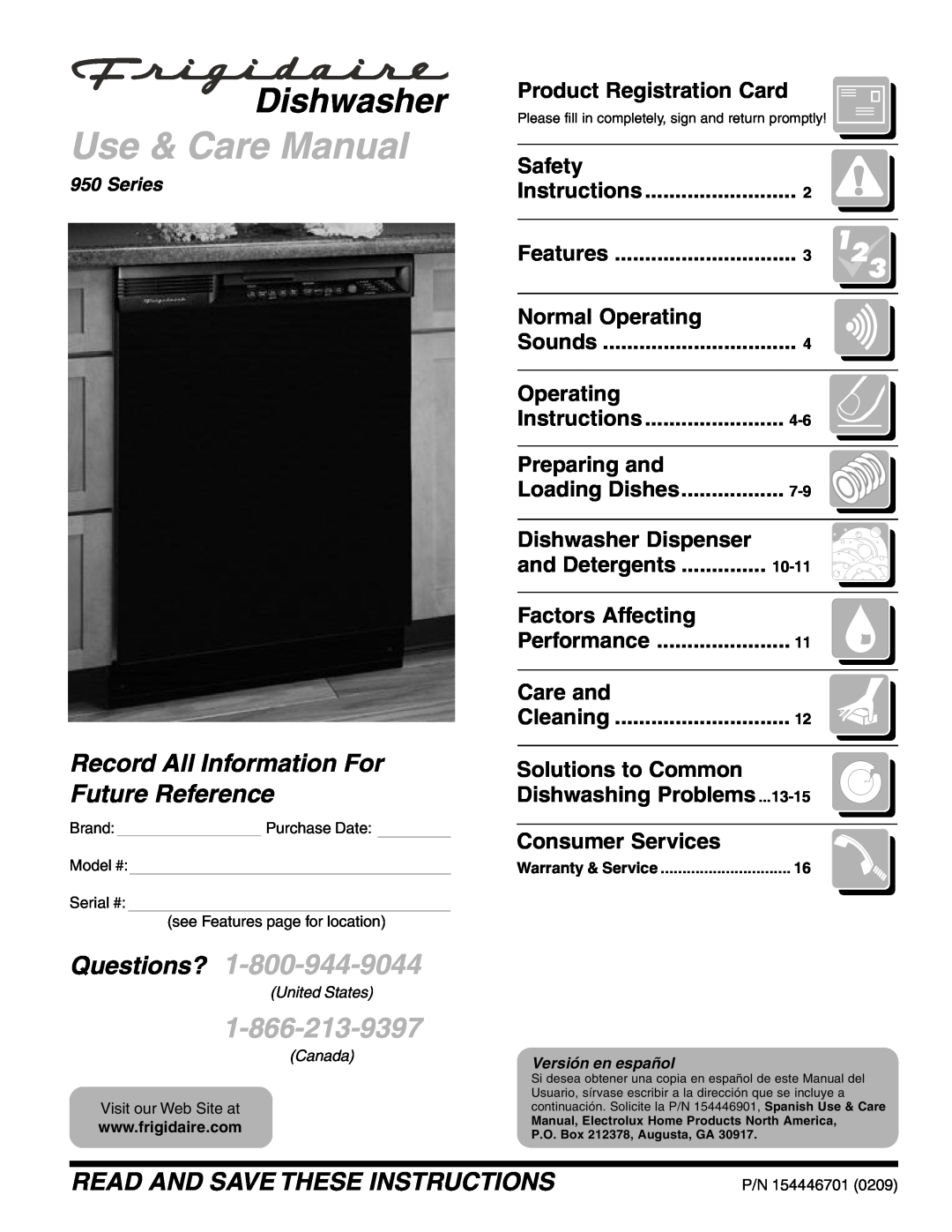 Frigidaire 950 Series warranty Product Registration Card, Safety, Normal Operating, Preparing and, Dishwasher Dispenser 