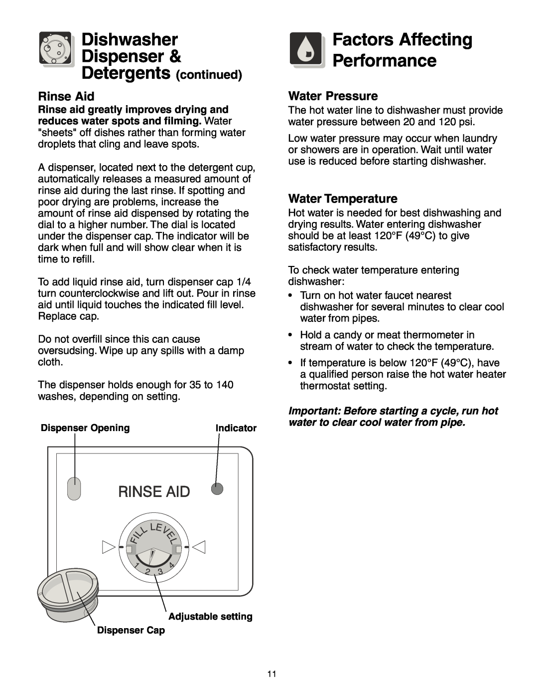 Frigidaire 950 Series warranty Dishwasher Dispenser & Detergents continued, Factors Affecting Performance, Rinse Aid 
