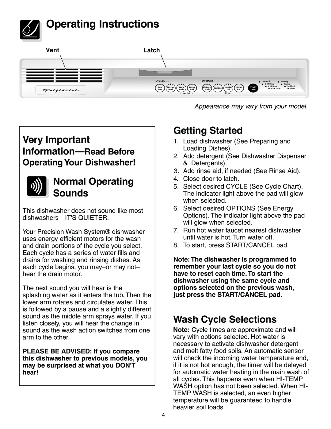 Frigidaire 950 Series warranty Operating Instructions, Normal Operating Sounds, Getting Started, Wash Cycle Selections 