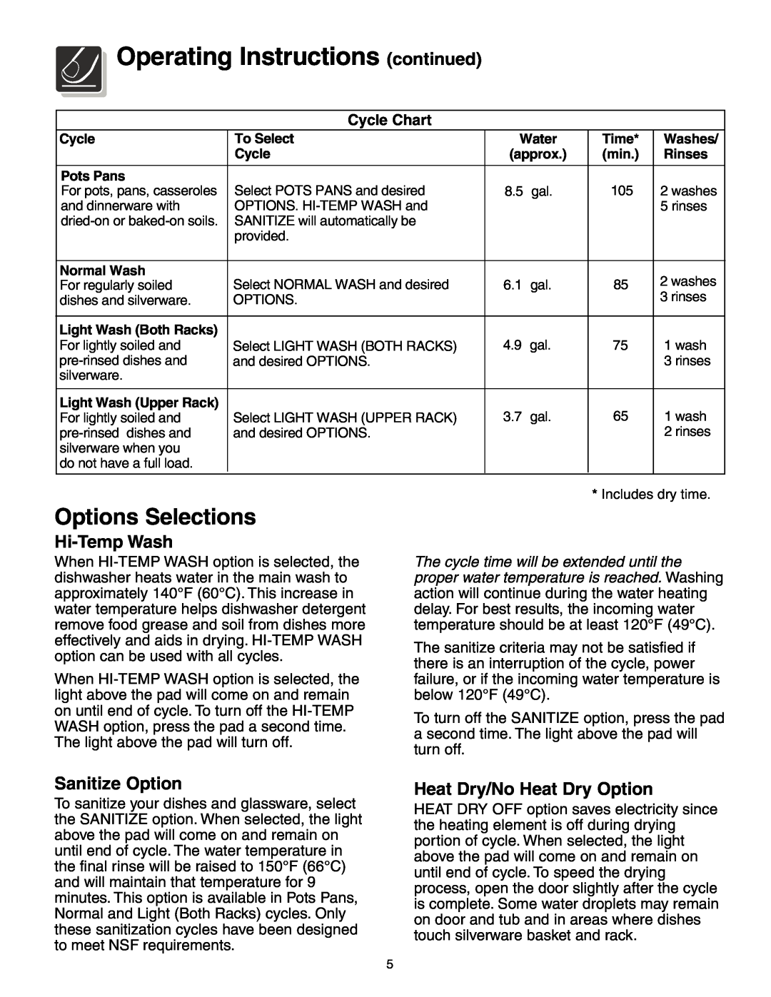 Frigidaire 950 Series warranty Operating Instructions continued, Options Selections, Hi-TempWash, Sanitize Option 