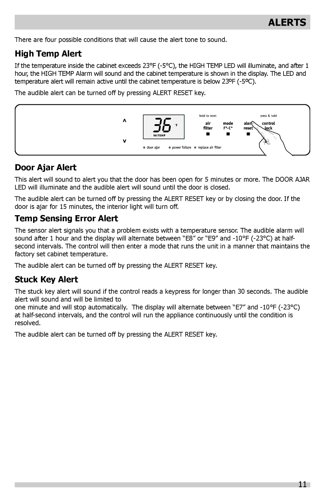 Frigidaire A01060901 manual Alerts, High Temp Alert, Door Ajar Alert, Temp Sensing Error Alert, Stuck Key Alert 