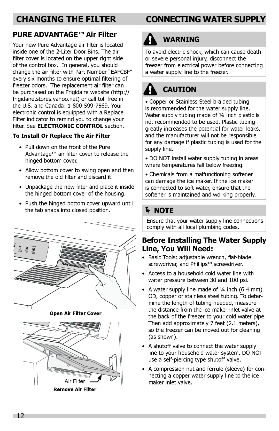 Frigidaire A01060901 manual Changing the Filter, Connecting Water Supply, Pure Advantage Air Filter 