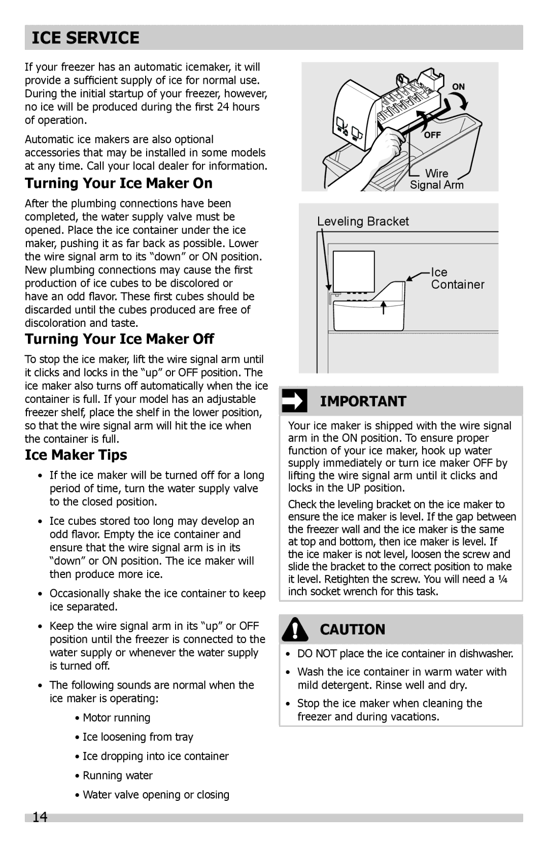 Frigidaire A01060901 manual ICE Service, Turning Your Ice Maker On, Turning Your Ice Maker Off, Ice Maker Tips 