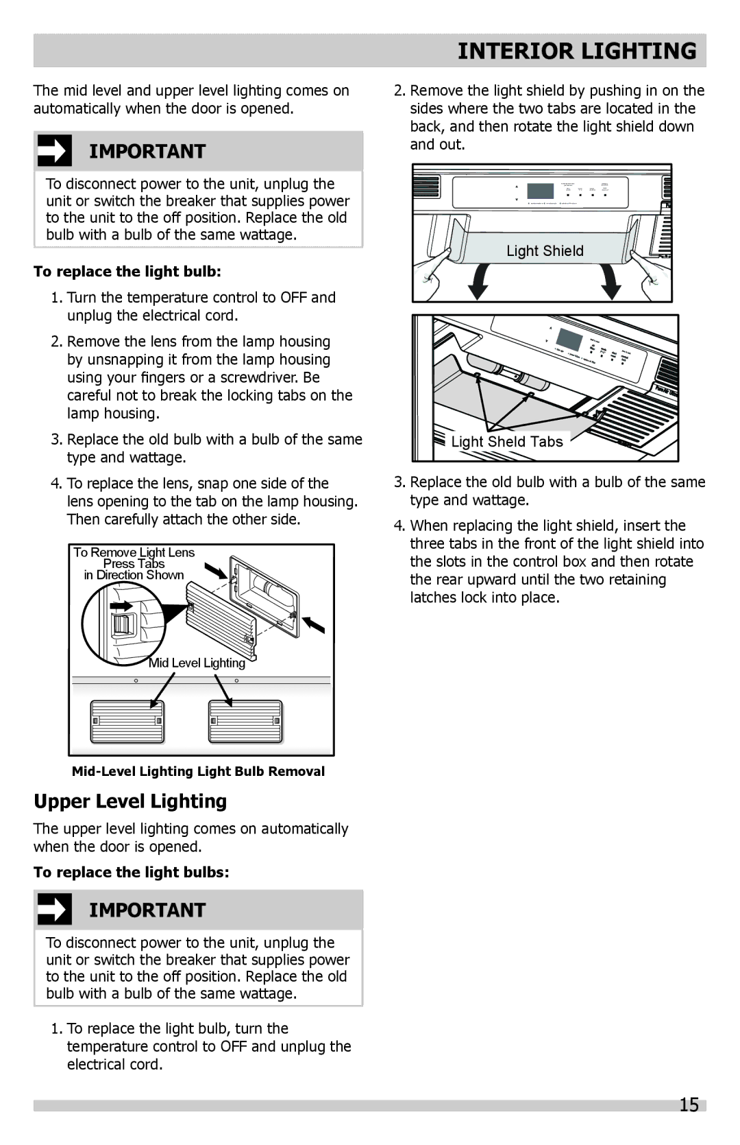 Frigidaire A01060901 manual Interior Lighting, Upper Level Lighting, To replace the light bulbs 