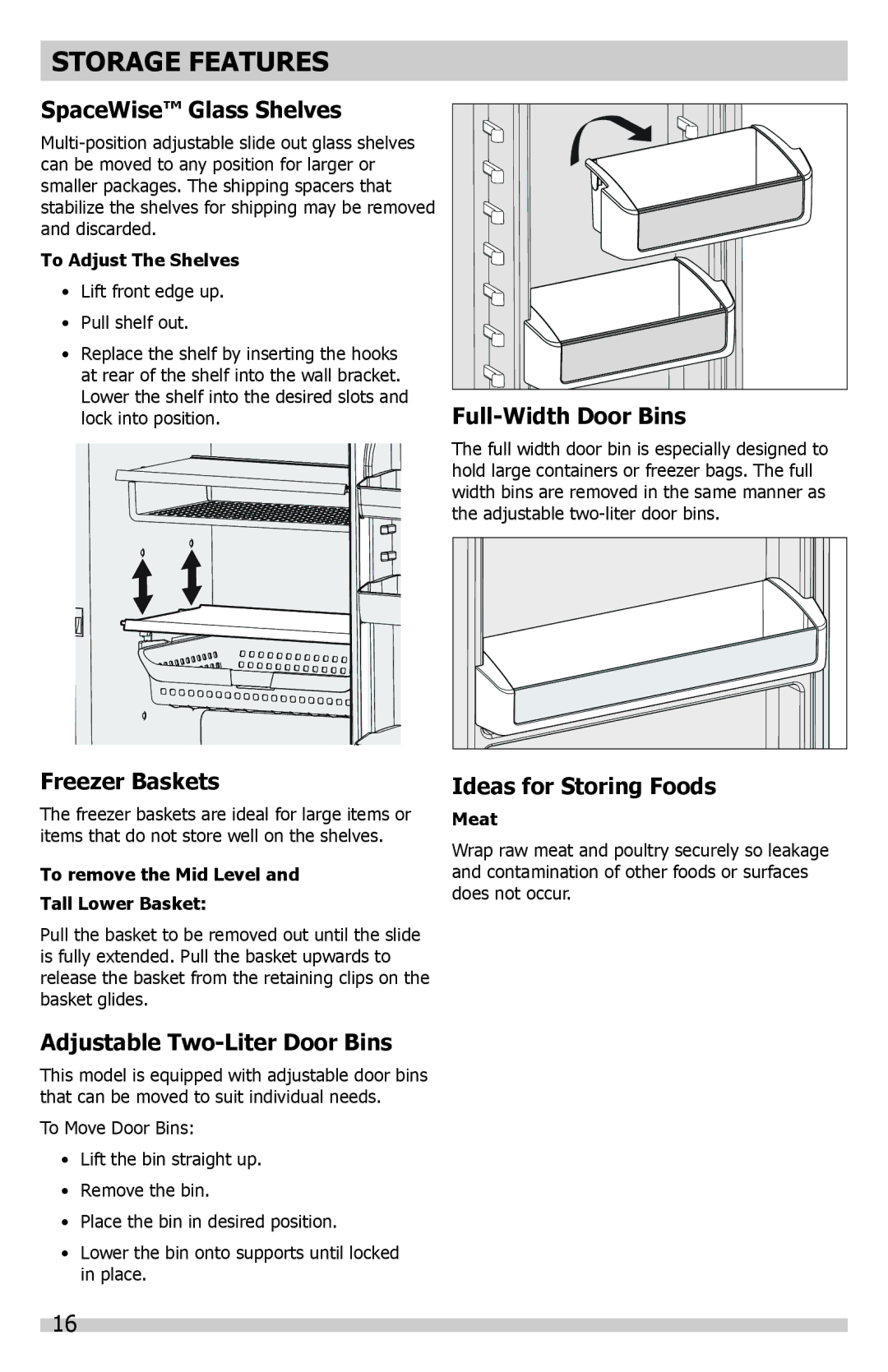 Frigidaire A01060901 manual Storage Features 