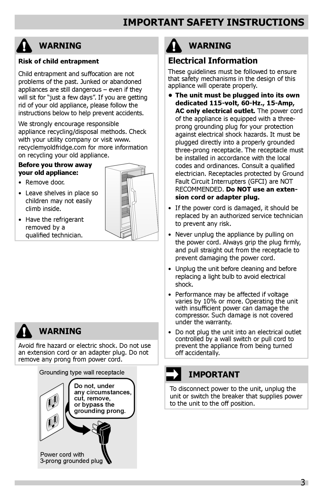 Frigidaire A01060901 manual Electrical Information, Risk of child entrapment 