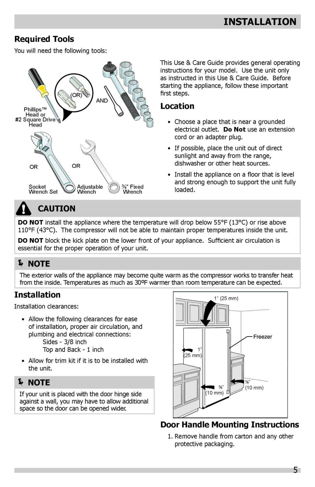 Frigidaire A01060901 manual Installation, Required Tools, Location, Door Handle Mounting Instructions 