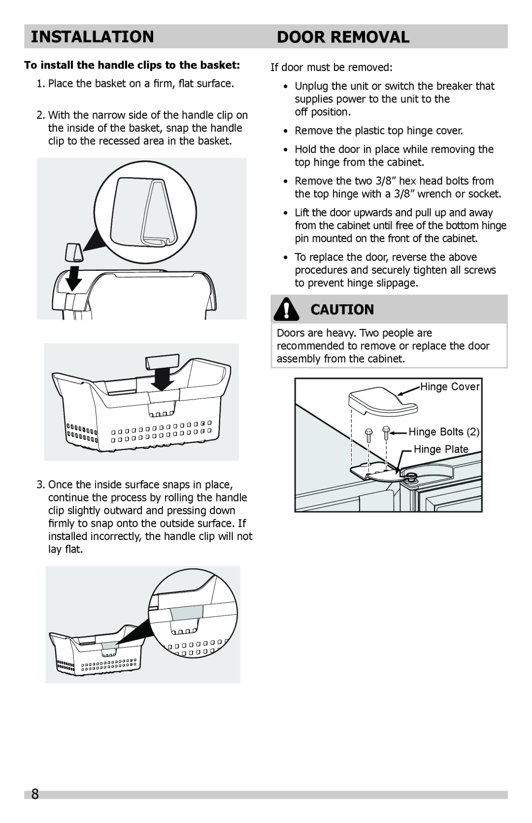 Frigidaire A01060901 manual Door Removal, To install the handle clips to the basket 